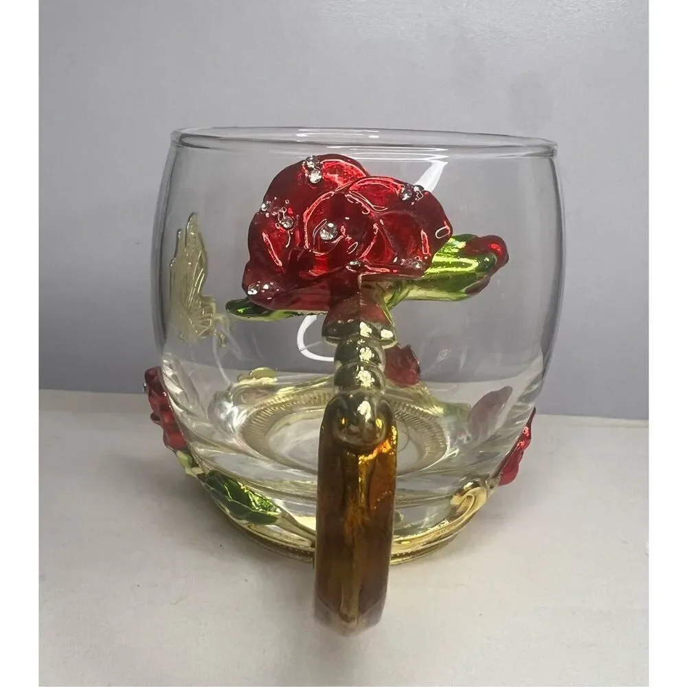 ARC of France Glass Coffee Tea Cup Jeweled‎ Floral Enameled Gold Handle